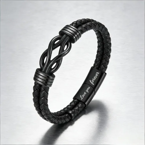 Vista 7 de Pulsera con nudo infinito con texto en inglés "To My Man", de acero inoxidable trenzado y cuero trenzado, inspirador, grabado Love You Forever