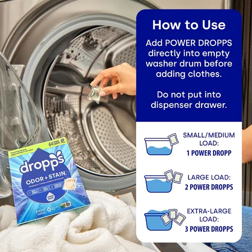 Vista 4 de Dropps Cápsulas de detergente para ropa a base de biológicas Odor & Stain Crisp Breeze HE compatibles con ropa fresca, suministros de jabón