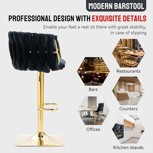 Vista 6 de NIOIIKIT Juego de 2 taburetes de bar tapizados de terciopelo, silla de altura de mostrador con respaldo tejido a mano, taburete de comedor