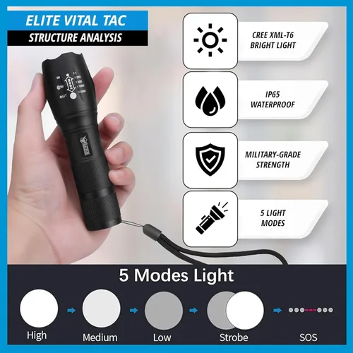 Vista 3 de FREEZE2TRIM Linterna Vital Tac, Elite Tac Linterna Modelo 2026 Vitaltac Militar Táctica USA Batería LED Alta Lúmenes Grado Militar 2000 Lúmenes 5