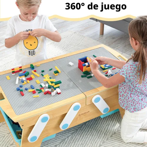 Vista 5 de KidKraft Building Bricks Play N Store Mesa de madera, almacenamiento de juguetes para niños con contenedores, más de 200 bloques de construcción
