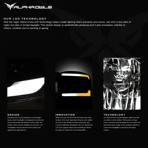 Vista 3 de Alpha Owls 8707715 - Faros delanteros de cristal con barra de luz LED secuencial Switchback y luz de arranque, ámbar negro para modelos halógenos