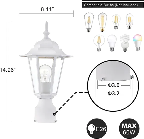 Vista 2 de Luces de poste para exteriores, lámpara de poste con enchufe E26, linterna exterior blanca con pantalla de vidrio transparente, iluminación exterior