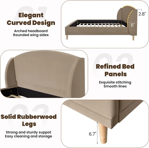 Vista 5 de Christopher Knight Home Hazel Velvet Queen Size Bed Frame with Wingback Headboard, Modern Queen Bed Frame and Headboard, Wooden Slats Support, Easy
