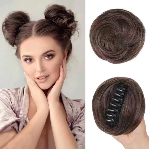 Vista 13 de Extensiones de moño espacial para mujer, 2 piezas de extensiones de moño de cabello falso natural, clip de garra, moño de pelo sintético