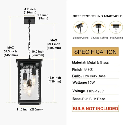 Vista 6 de TODOLUZ Lámpara colgante grande de 3 luces para exteriores, iluminación de porche colgante exterior con vidrio martillado, cadena larga ajustable
