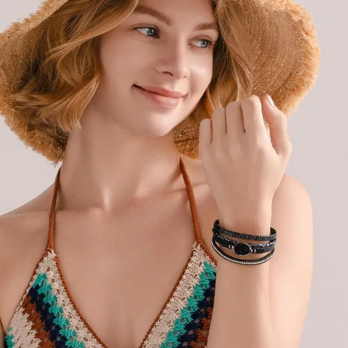Vista 302 de FANCY SHINY - Pulsera de cuero estilo bohemio, pulsera de cuentas de cristal con cierre magnético, regalos de joyería para mujer
