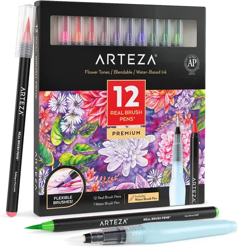 Vista 6 de ARTEZA Bolígrafos de pincel real, juego de 12, tonos brillantes, marcadores de acuarela mezclables y 1 cepillo de agua, suministros de arte