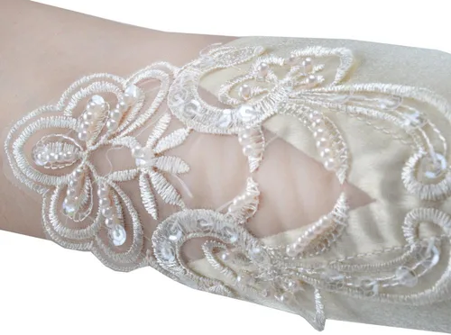 Vista 3 de JISEN Guantes de satén sin dedos de los años 20 para mujer, para banquete, fiesta, elegante, con encaje, bordados, para novia, 11 pulgadas