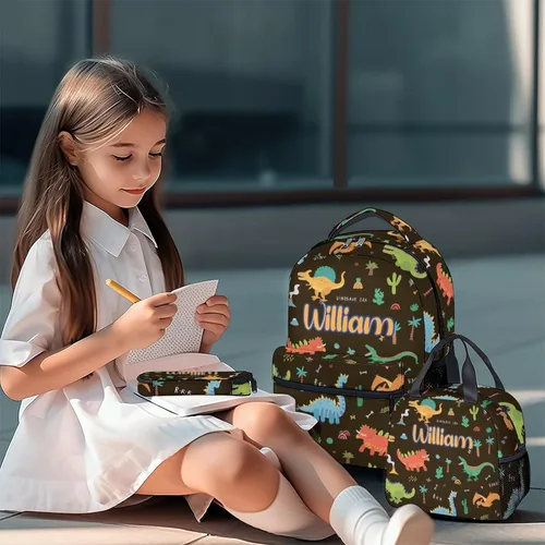 Vista 2 de Mochila personalizada para niños con lonchera para niños y niñas, juego personalizado de 3 mochilas escolares de dinosaurios a juego, bonita bolsa