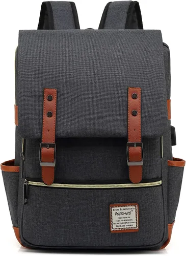 Vista 6 de UGRACE - Mochila vintage para portátil con puerto de carga USB, elegante mochila de viaje resistente al agua, mochilas casuales para hombres y Negro