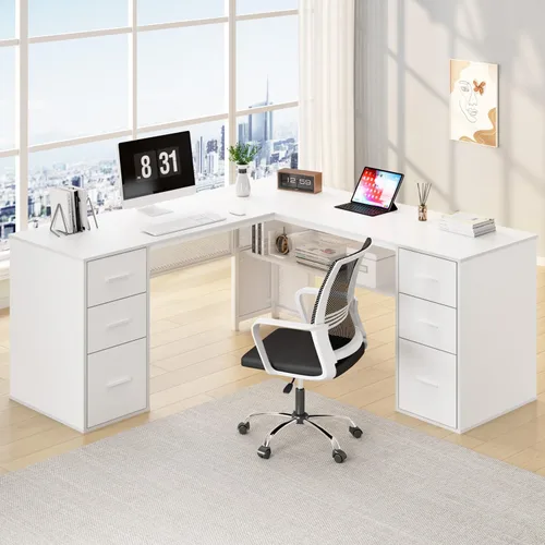 Vista 13 de HSH Escritorio negro en forma de L con cajones, escritorio de esquina con Roble negro