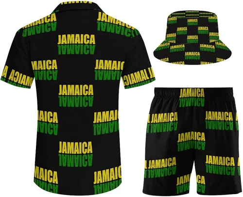 Vista 2 de Conjunto de camiseta con la bandera de Jamaica para hombre, camisa de playa de verano, pantalones casuales de manga corta y gorra de pescador