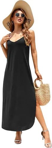 Vista 4 de Huskary - Vestido largo de verano para mujer, casual, sin mangas, con cuello en V y tirantes delgados, abertura lateral, diseño suelto