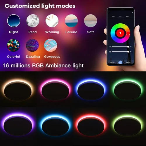 Vista 3 de TALOYA Lámpara de techo inteligente de 10 pulgadas de montaje empotrado LED con luz nocturna RGB, compatible con Alexa Google Assistant, lámpara