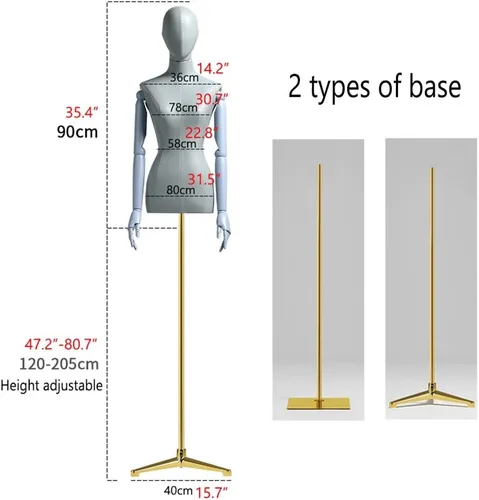 Vista 4 de Maniquí de forma de vestido femenino, torso de maniquí de cuerpo de poliuretano con soporte de metal ajustable en altura, brazos de madera, cuerpo
