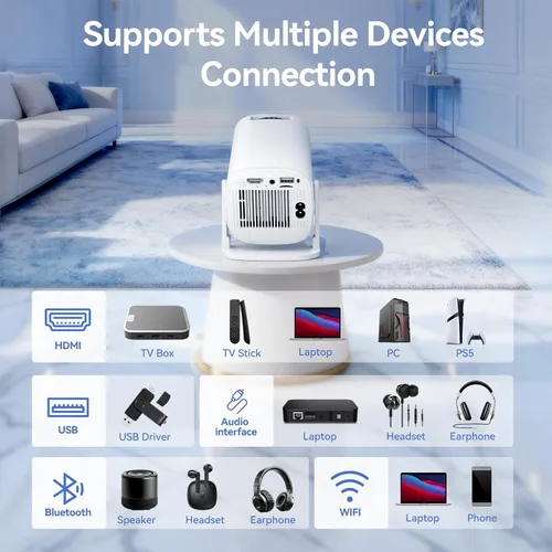 Vista 7 de Mini proyector con WiFi 6 y Bluetooth 5.0, proyector portátil con soporte 4K con sistema Android14, rotación de 210°, corrección trapezoidal