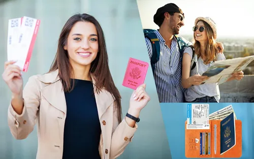 Vista 6 de Funda para pasaporte, cartera, artículos esenciales de viaje, con bloqueo RFID, funda de piel para tarjetas de viaje internacionales, accesorios