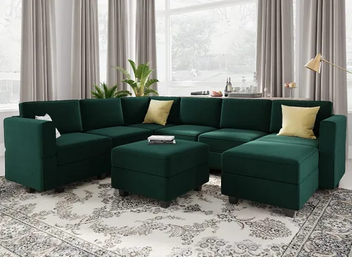 Vista 12 de Belffin Sofá modular en forma de U con tumbonas reversibles, de terciopelo, con asiento de almacenamiento, color negro