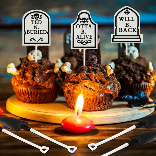 Vista 6 de 48 piezas de lápida de Halloween para pasteles, decoración de cupcakes y mini cucharas con forma de pala para suministros de fiesta de Halloween