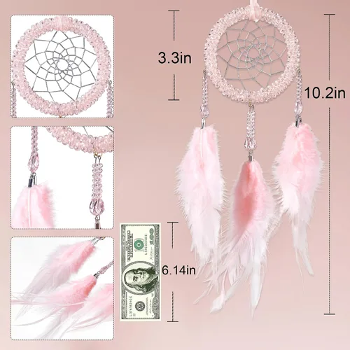 Vista 6 de Atrapasueños de lujo, pluma de gallo rosa claro con diamante de cristal, pequeño atrapasueños hecho a mano para dormitorio, un atrapasueños