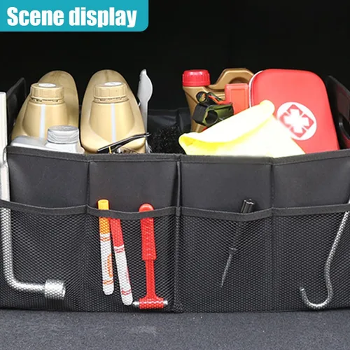 Vista 6 de Organizador de maletero de coche, caja de almacenamiento auto plegable de múltiples compartimentos con 4 bolsillos, contenedor de maletero de coche