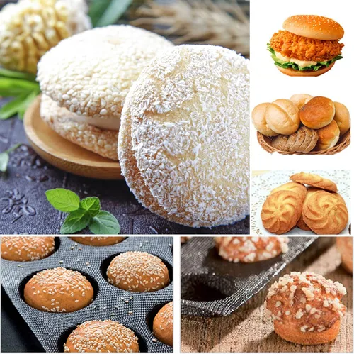 Vista 6 de Molde de silicona para pan de hamburguesas, molde antiadherente para pan de perros calientes, hojas redondas perforadas para pan, 8 cavidades