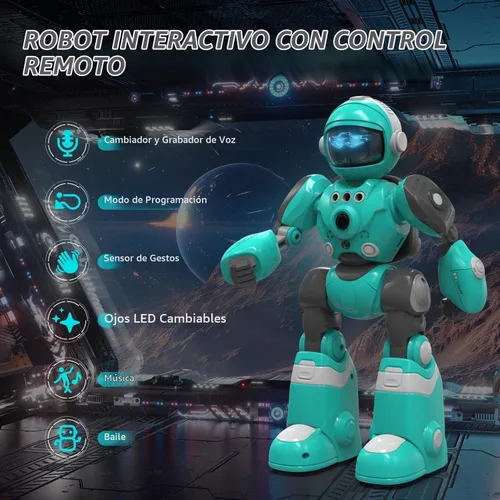 Vista 2 de STEMTRON - Juguetes de robots para niños, robot programable de control remoto con función de grabación de voz mágica, detección inteligente de Azul