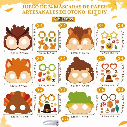 Vista 2 de 24 juegos de máscaras de Acción de Gracias de otoño para niños