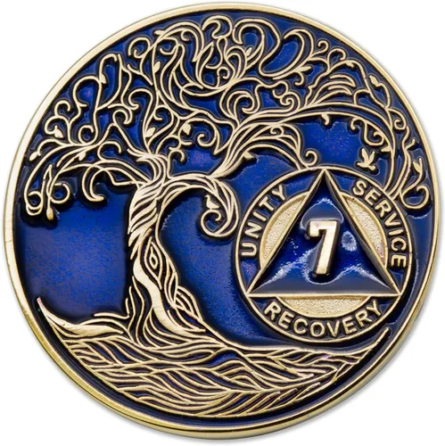 Vista 94 de 1 año Sobriety Mint Twisted Tree of Life Medallón de recuperación AA chapado en oro, chip/ficha - negro