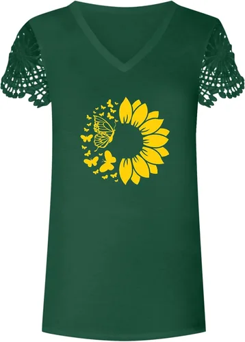 Vista 4 de Women V Neck Short Sleeve T Shirt Top Casual Slim Fit Summer Outer Wear Sunflower Print Women Tees & Blouses Daily Tunic Tops