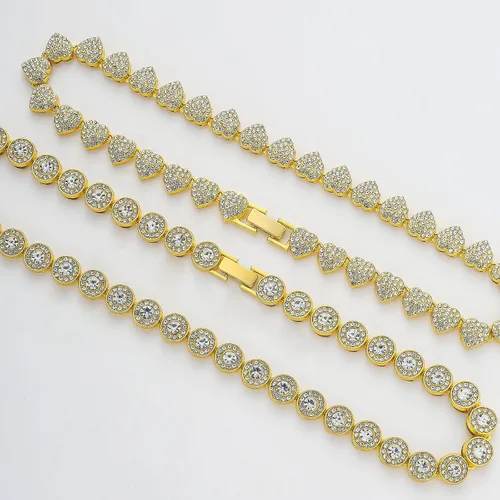 Vista 5 de Cadena de tenis de diamantes agrupados de doble capa, collar de cadena cubana de Miami para mujer, collar de cadena de corazón helado, regalo