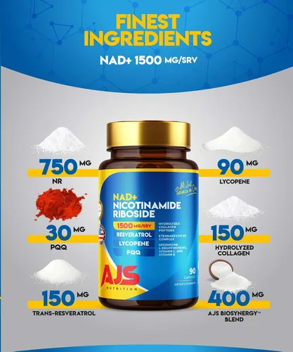 Vista 3 de AJS NAD+ Cellular Energy - Suplemento NR con PQQ, resveratrol, licopeno, espermidina, L-ergotioneína y péptidos de colágeno, 90 cápsulas para apoyo