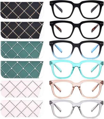 Vista 10 de Paquete de 6 lentes de lectura de moda para mujeres y hombres, bloqueo de luz azul, lectores cuadrados de gran tamaño con bisagra de resorte