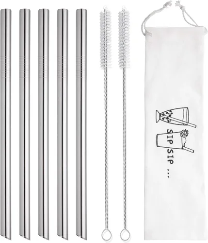 Vista 3 de [Puntas en ángulo] 5 popotes de té de burbujas reutilizables de 10 pulgadas y popotes para batidos, popote de acero inoxidable de 0.5 pulgadas
