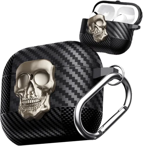 Vista 11 de Funda para AirPods Pro de 2ª generación, calavera con cerradura y llavero para hombres, divertida fibra de carbono de cuerpo completo, a prueba