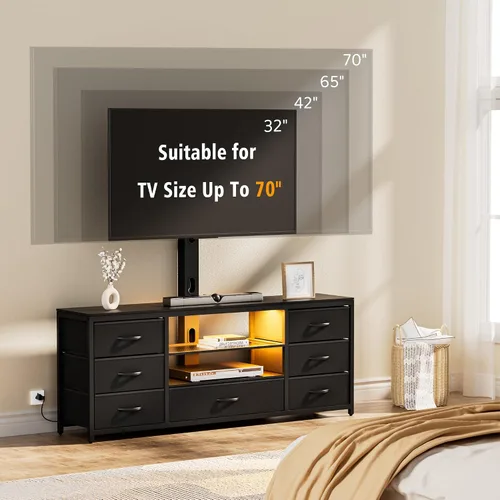 Vista 2 de Soporte de TV con soporte y 7 cajones de tela, centro de entretenimiento LED con tomas de corriente para televisores de 32, 45, 55, 60, 65, 70