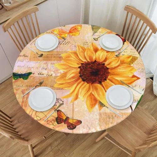 Vista 28 de Fiokroo Mantel de Flores de Crisantemo Azul, Amarillo y Azul Marino con Borde Elástico, Mantel Redondo Lavable y Reutilizable Cubierta de Mesa