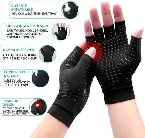 Vista 2 de Guantes de cobre para artritis para mujeres y hombres, sin dedos, transpirables y absorben la humedad, guantes de compresión para escribir