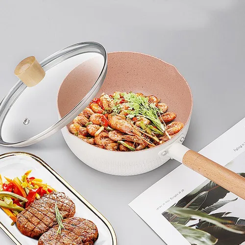 Vista 8 de Hemoton Sartén antiadherente para leche de 1.5 L, práctica olla con mango de madera, versátil olla pequeña para sopas, salsas y leche caliente, olla