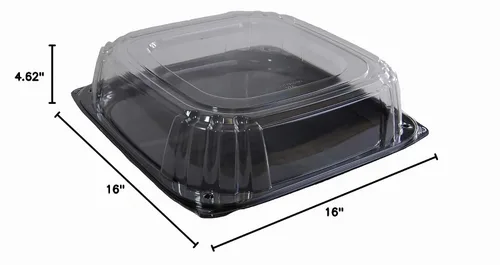 Vista 6 de Sabert Bandeja cuadrada UltraStack negra de 16 pulgadas con tapa transparente de cúpula de 3 pulgadas, plástico duradero, desechable, 25