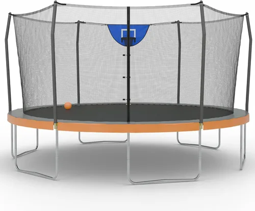 Vista 10 de Skywalker Trampolines Cama elástica al aire libre de 8 pies, 12 pies, 15 pies Jump N’ Dunk redonda con red, colchón de trampoline y aro de Azul