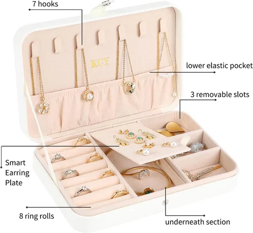 Vista 2 de KCY Joyero para mujeres y niñas, pequeño estuche organizador de joyas de viaje, cajas de almacenamiento de joyas portátiles de piel sintética