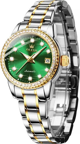 Vista 7 de OLEVS Womens Diamond Watches Automatic Self Winding Correa de oro y esfera dorada