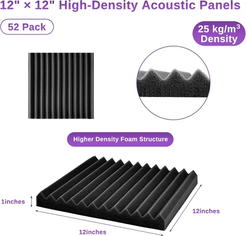 Vista 2 de Paquete de 52 paneles de espuma acústica de 1 x 12 x 12 pulgadas, paneles de pared de espuma acústica de absorción de sonido (negro/azul)