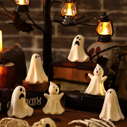 Vista 2 de Domensi 6 piezas de figuras blancas de cerámica de fantasma, estatua de fantasma, decoración espeluznante de Halloween, decoración de estatua
