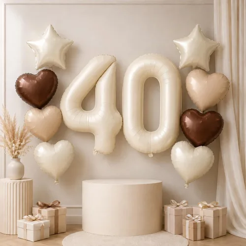 Vista 17 de Decoración de Globos Número 10 de 40 Pulgadas, Globos de Corazón Neutro de Papel de Aluminio Crema Retro Albaricoque Marrón con Globo de Helio