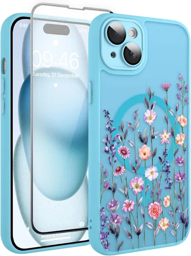 Vista 138 de Magnético para iPhone 13 con protector de pantalla [Compatible con MagSafe] Diseño de patrón floral de flores bonitas, funda delgada a prueba