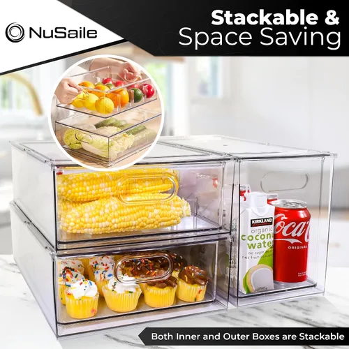Vista 3 de Contenedores organizadores apilables para refrigerador, cajones extraíbles con asas, contenedores de almacenamiento de verduras y frutas