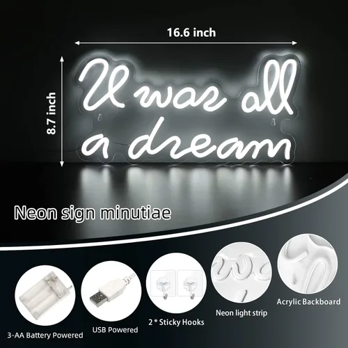 Vista 7 de ATOLS Letrero de neón con texto en inglés «It Was All a Dream» para decoración de pared, funciona con pilas o USB, con texto en inglés «It Was All a